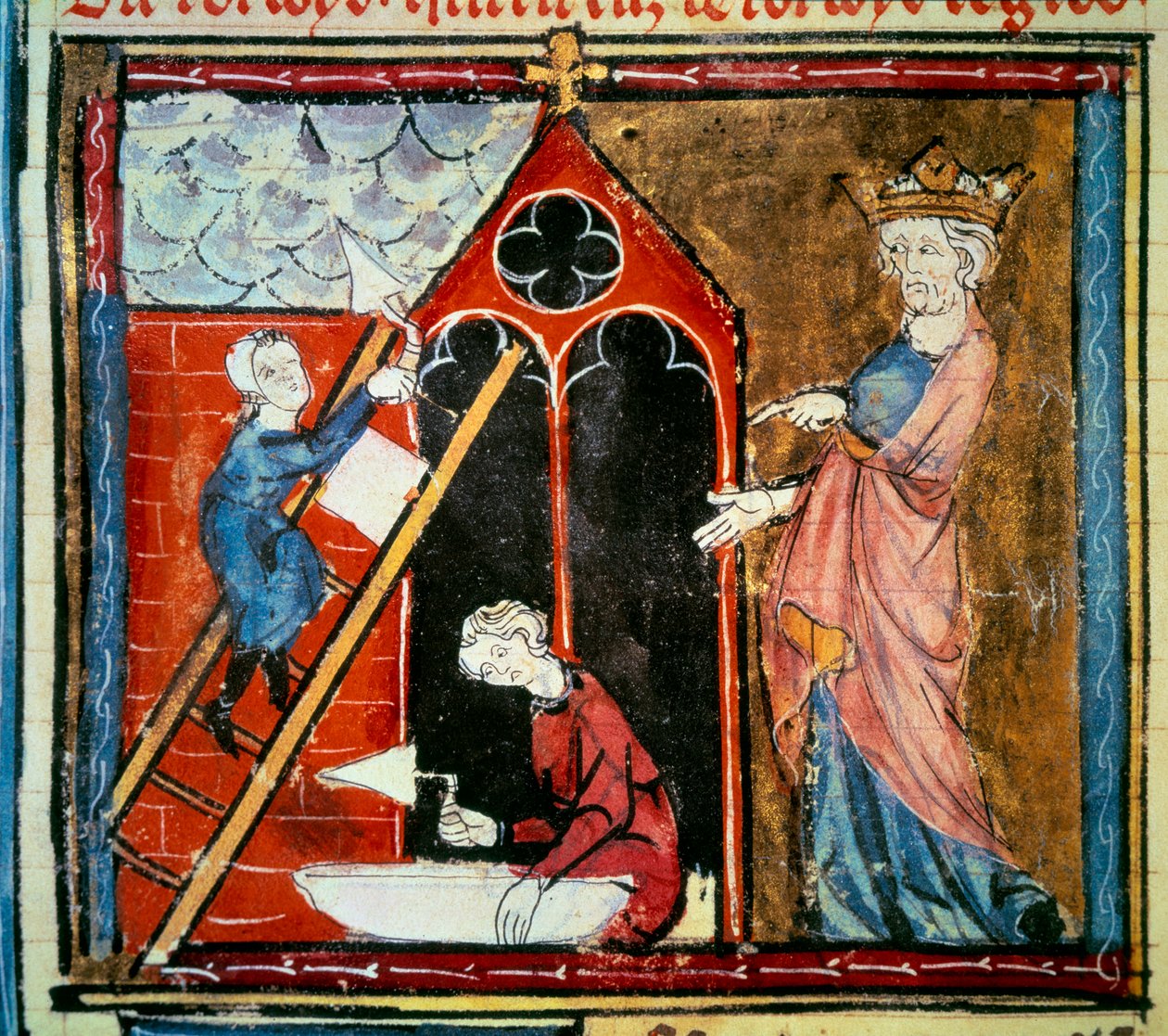 Ludwig VI. der Dicke (1081 - 1137) überwacht den Bau eines Gebäudes. Miniatur in „Grandes chroniques de France“ von Jean Fouquet (1420-1481) von Jean Fouquet
