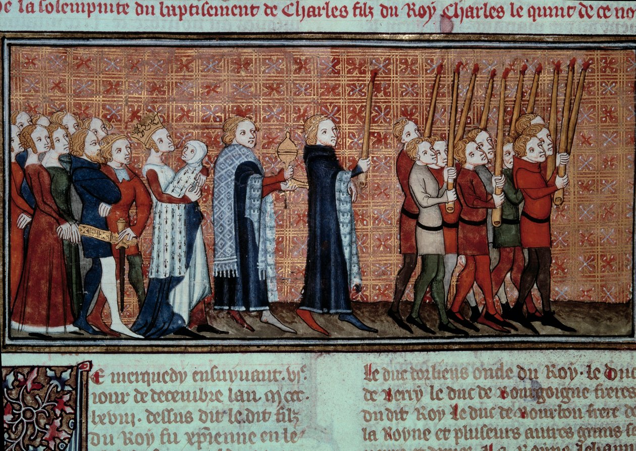 Prozession anlässlich der Taufe von Karl VI., getragen von Königin Jeanne d