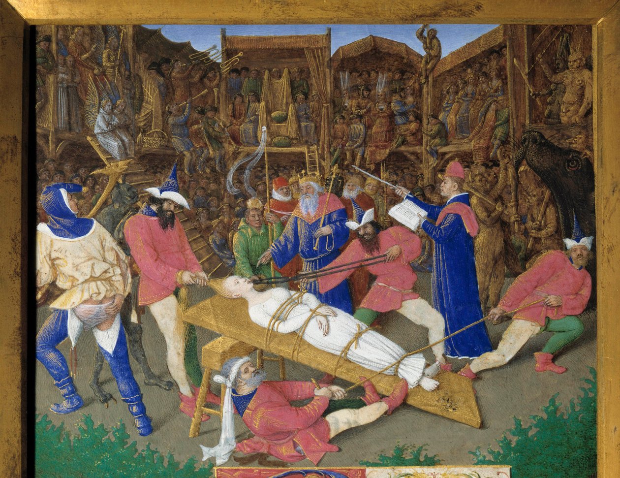Die Gelübde der Heiligen. Martyrium der Heiligen Apolline. Die christliche Heilige Apolline von Alexandria wird 249 n. Chr. von den Heiden gefoltert. Die Henker ziehen ihr an den Haaren und brechen ihr die Zähne. Kaiser Dece ist ein Zuschauer. Detail einer von Jean Fouquet