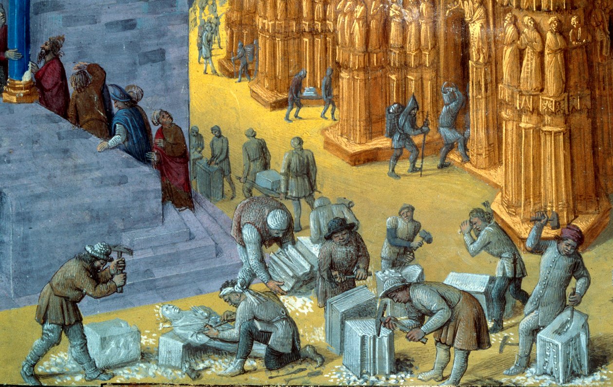 Der Bau des Jerusalemer Tempels durch König Salomo Detail, das die Steinmetze darstellt. Miniatur aus dem Manuskript „Die jüdischen Altertümer“ von Flavius Josephus (37-100) illustriert von Jean Fouquet (1425-1481) von Jean Fouquet