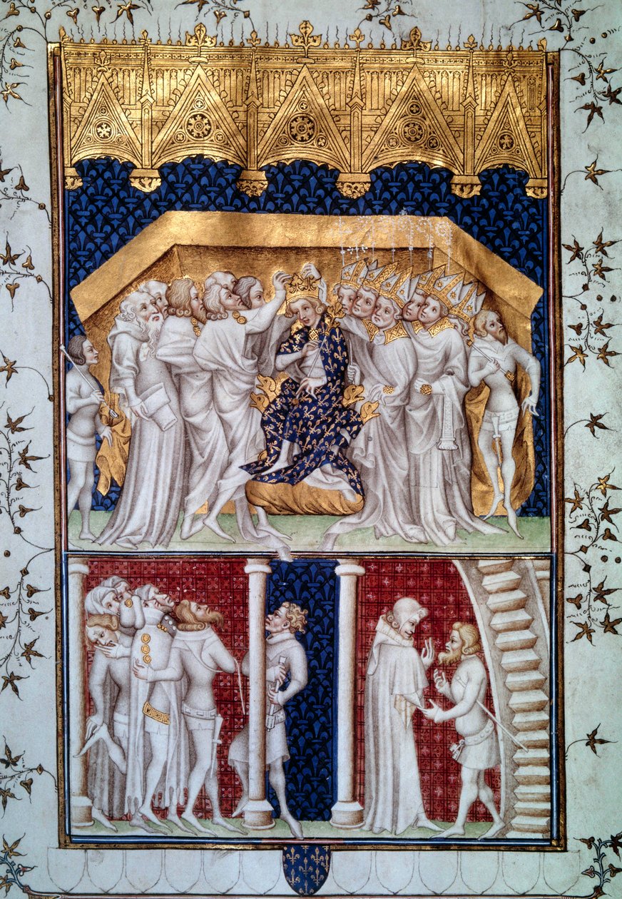 Die Krönung von Karl VI. (1368-1422) durch die Peers von Frankreich am 16.09.1380. Miniatur aus „Grandes Chroniques de France“ von Jean Fouquet (1420-1481) 15. Jahrhundert Paris, B.N. von Jean Fouquet