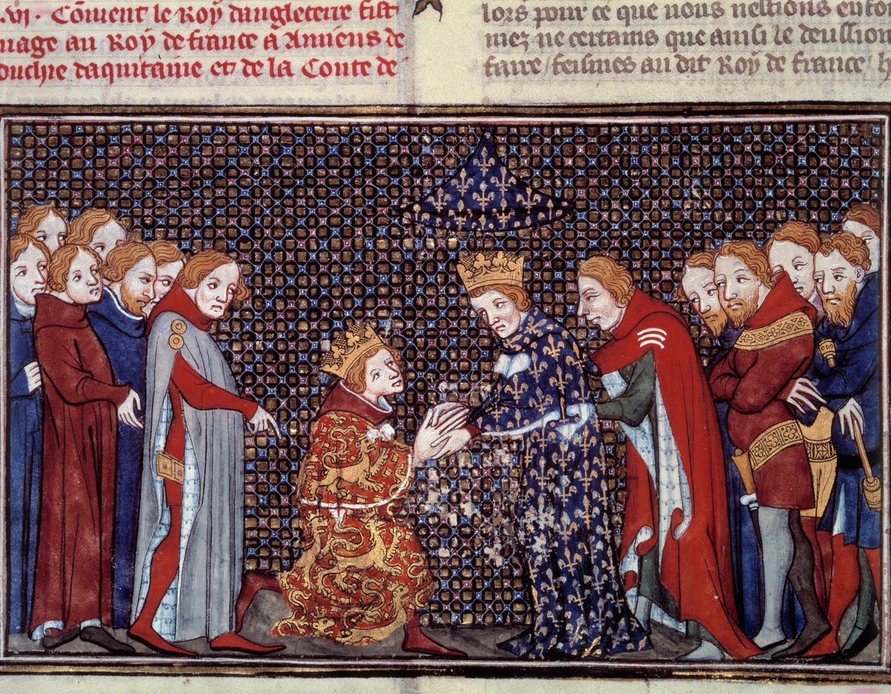 Der Tribut von König Edward III. von England (1312-1377) an Philipp VI. von Valois (1294-1350), König von Frankreich, im Jahr 1330. Miniatur aus „Les grandes chroniques de France“ von Jean Fouquet (1420-1481) von Jean Fouquet