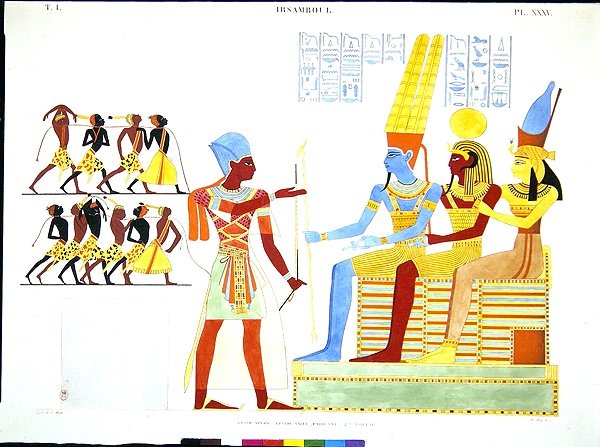 Ein Pharao in Militärkleidung bietet eine Gruppe von Gefangenen den Göttern (v.l.n.r.) Amon, Khonsu und Mut an von Jean Francois Champollion