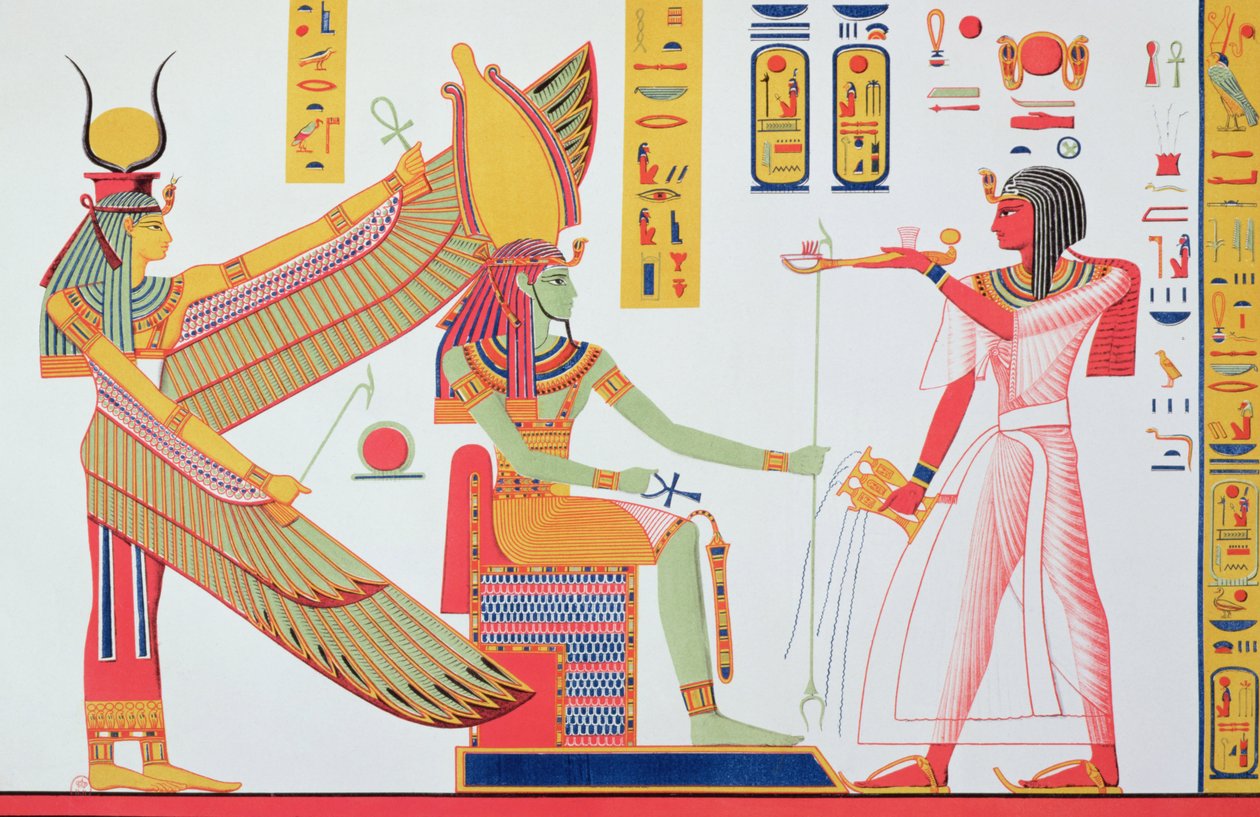 Ramses IV (1153-1147 v. Chr.) bietet Isis und Amon-Re Weihrauch dar, sitzend auf einem Thron, Kopie eines Wandgemäldes aus seinem Grab im Tal der Könige, Tafel 260 aus Monuments d