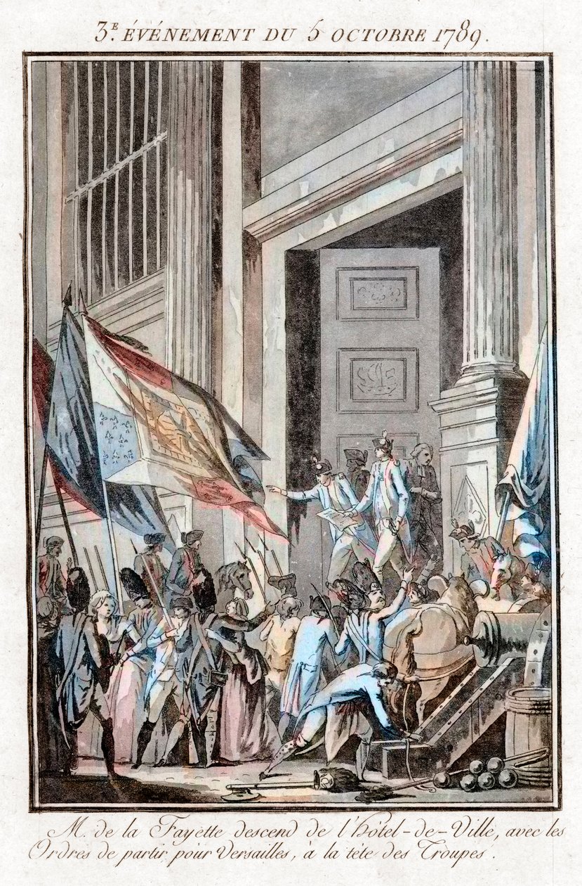 Französische Revolution - La Fayette verlässt das Pariser Rathaus, um nach Versailles zu gehen, 5. Oktober von Jean Francois Janinet
