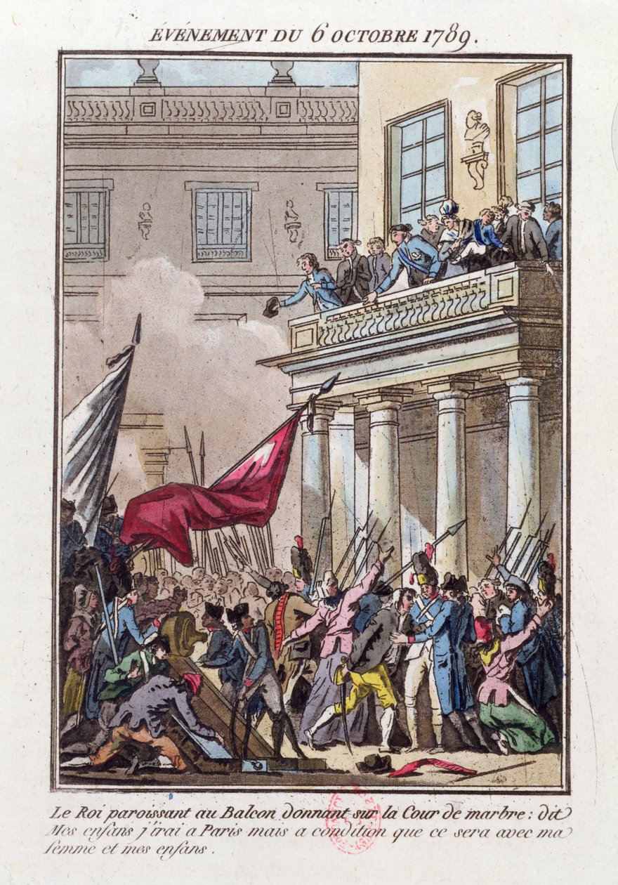 Ludwig XVI. erscheint am Balkon in Versailles am 6. Oktober 1789, um dem Pariser Mob zu sagen, dass er nach Paris gehen wird, unter der Bedingung, dass seine Frau und Familie mitreisen von Jean Francois Janinet