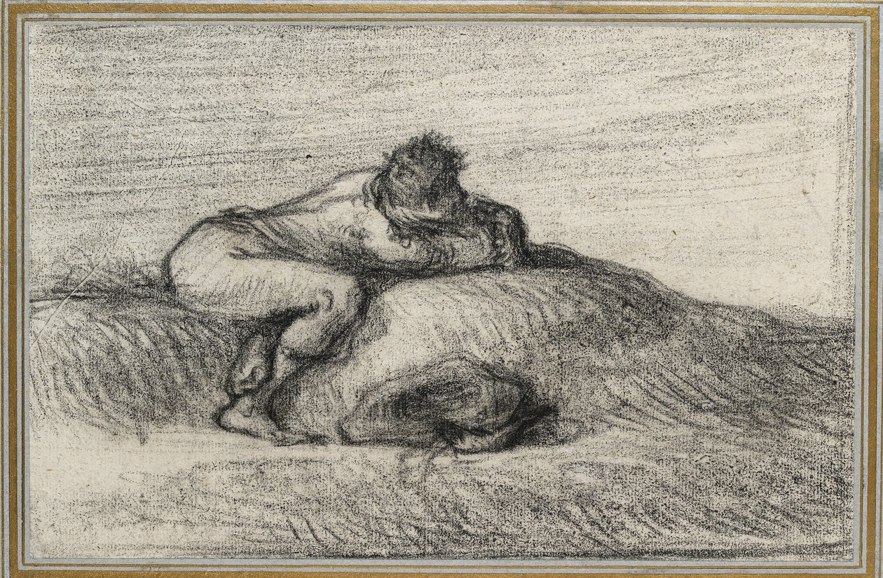 Mann, der auf einem Hügel kauert, 1848 - 1850 von Jean Francois Millet