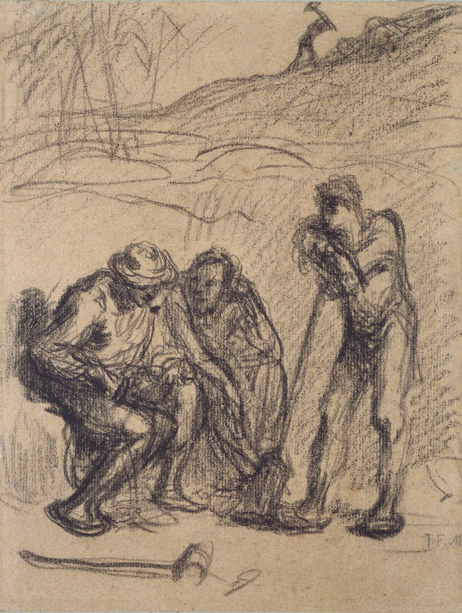 Drei Bauern ruhen sich aus, einer lehnt auf einem Spaten, ca. 1850-1851 von Jean Francois Millet