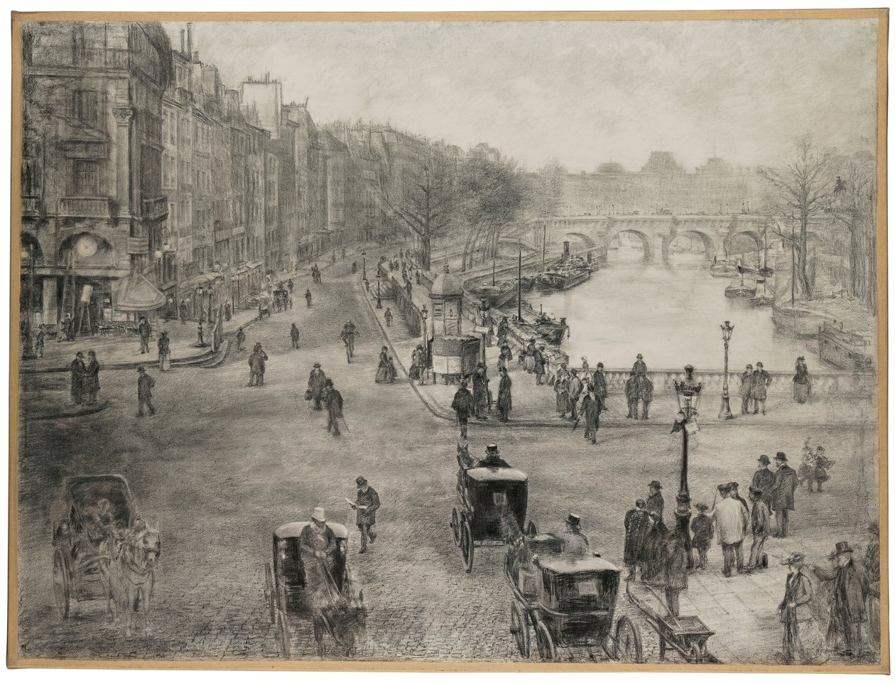 Paris, Der Platz Saint Michel mit dem Quai des Grands Augustins und der Pont Saint Michel im Vordergrund und der Pont Neuf und der Louvre im Hintergrund, ca. 1900 von Jean Francois Raffaelli