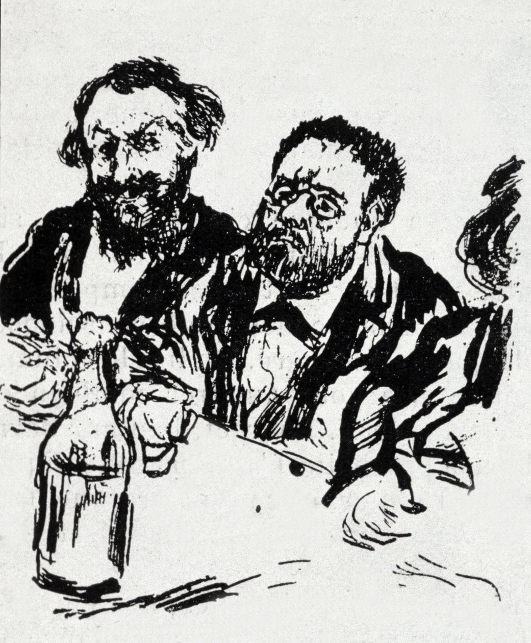 Der Maler Edouard Manet und der Schriftsteller Emile Zola am Tisch. Karikatur von Jean Francois Raffaelli von Jean Francois Raffaelli