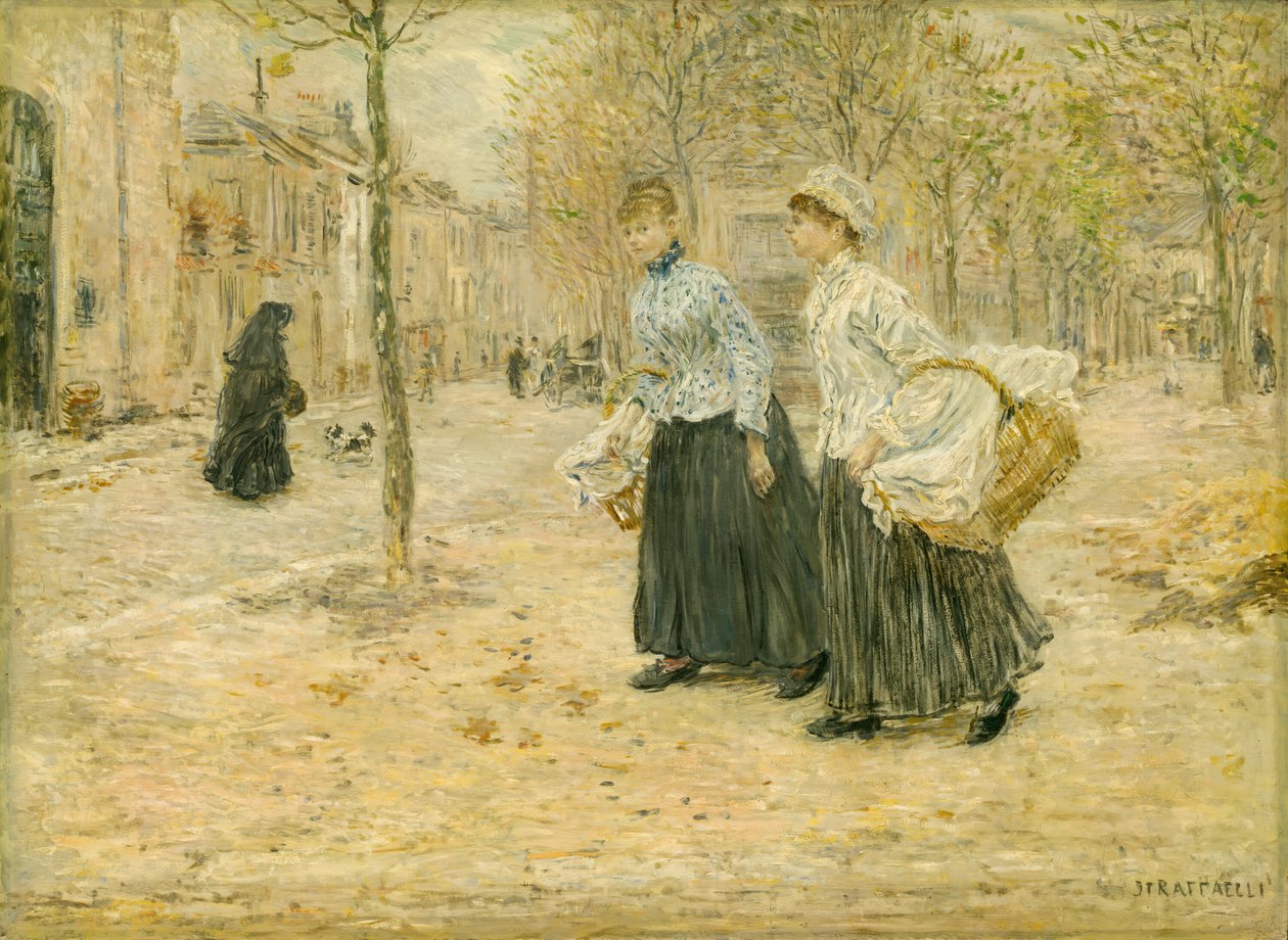 Zwei Wäscherinnen überqueren einen kleinen Park in Paris, ca. 1890 von Jean Francois Raffaelli