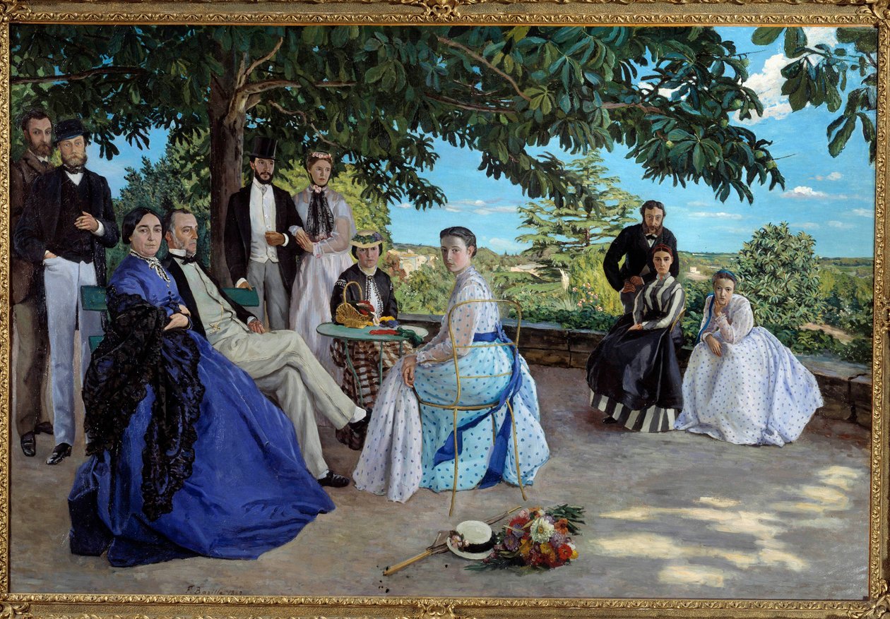 Familientreffen: Porträt einer französischen bürgerlichen Familie im Garten. Von links nach rechts: Jean Frederic Bazille, sein Onkel Monsieur des Hours, seine Mutter und sein Vater, seine Cousine Pauline und ihr Ehemann Monsieur Teulon, seine Tante Madame von Jean Frederic Bazille