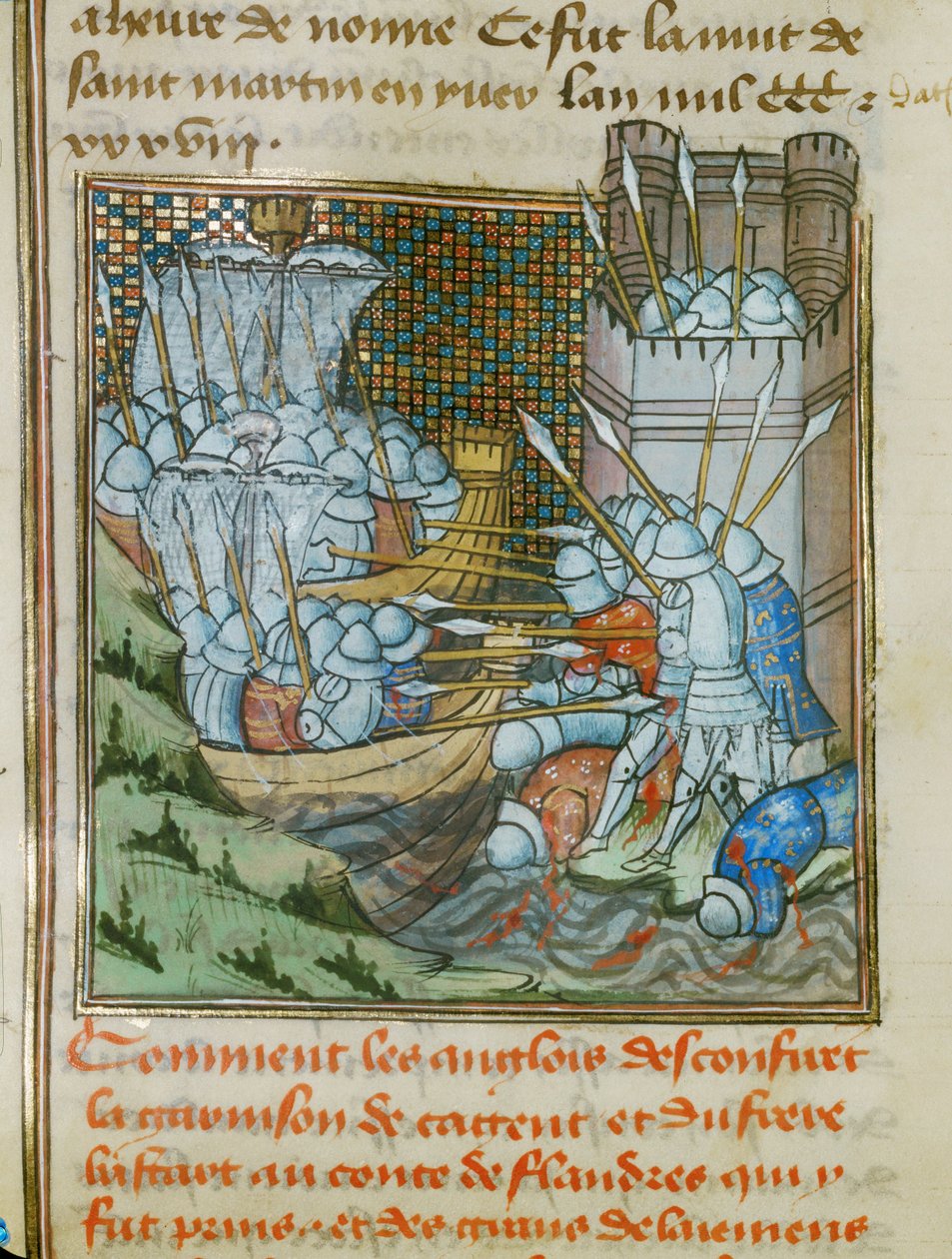 Zwei englische Schiffe mit Soldaten in Rüstung und Lanzen greifen den Hafen von Cadsand in Flandern an von Jean Froissart