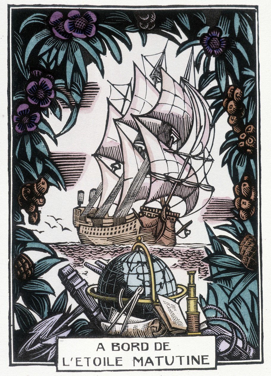 Schiff auf See: Illustration des frühen 20. Jahrhunderts von Jean-Gabriel Daragnes (1886-1950) für das Buch „A bord de l