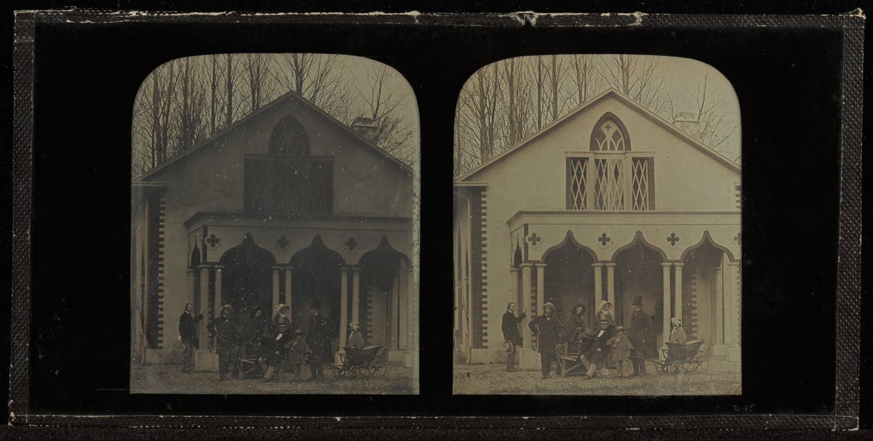 Gruppenporträt von acht Mitgliedern des Kreises von Eynard-Lullin, vor dem Haus (Grandfleur d