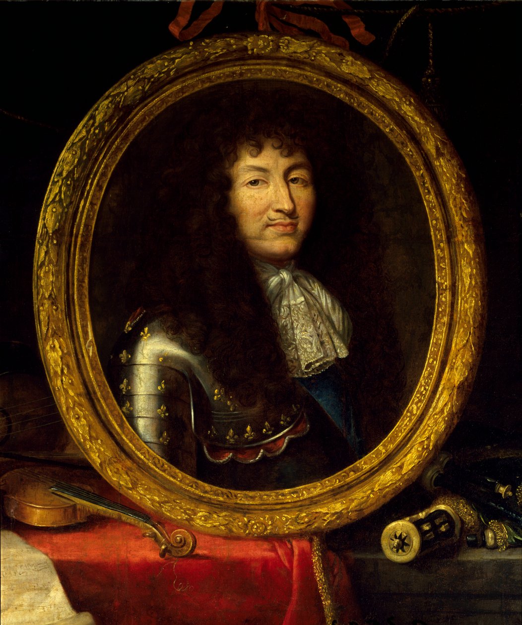 Porträt von Ludwig XIV., König von Frankreich (1638-1715), Beschützer der Künste und Wissenschaften. Das Porträt des Königs ist umgeben von Musikinstrumenten (Viola da Gamba, Violine, Gitarre) und wissenschaftlichen Instrumenten (Quadrat, Himmelsglobus, Ko von Jean Garnier