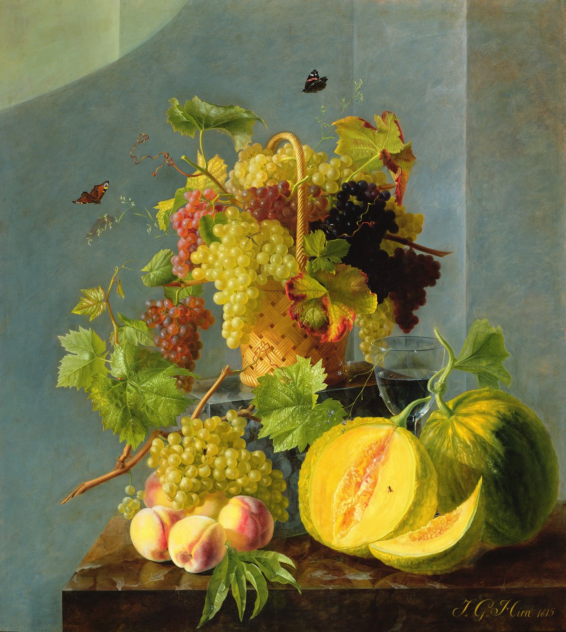 Stillleben mit Korb voller Trauben und Melonen, 1815 (Öl auf Kupfer) von Jean Georges Hirn