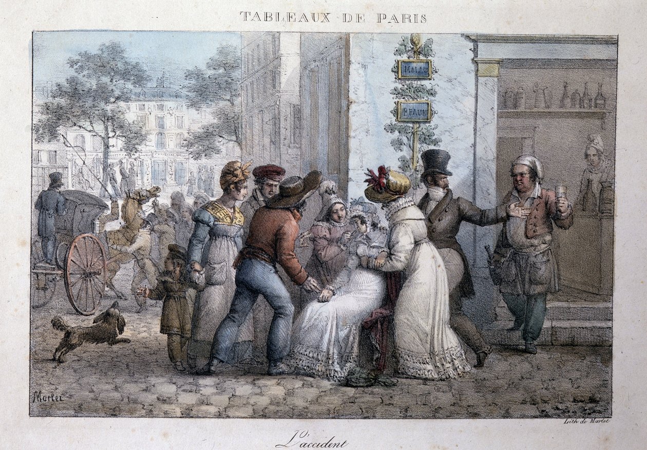 Alte Straßenszene in Paris: der Unfall (Frau von Passanten unterstützt). Gravur von Jean Henry Marlet (1771-1847) in „Les Tableaux de Paris“, Serie von 72 Drucken, späte 19. Jahrhundert. von Jean Henri Marlet