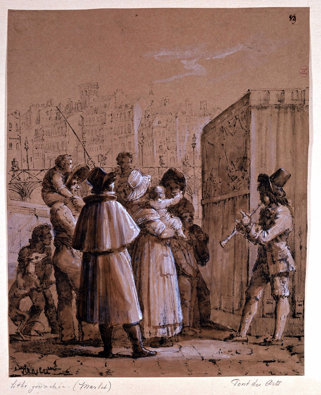 Polichinelle in der Nähe der Pont des Arts in Paris, von Marlet um die Mitte des 19. Jahrhunderts von Jean Henri Marlet