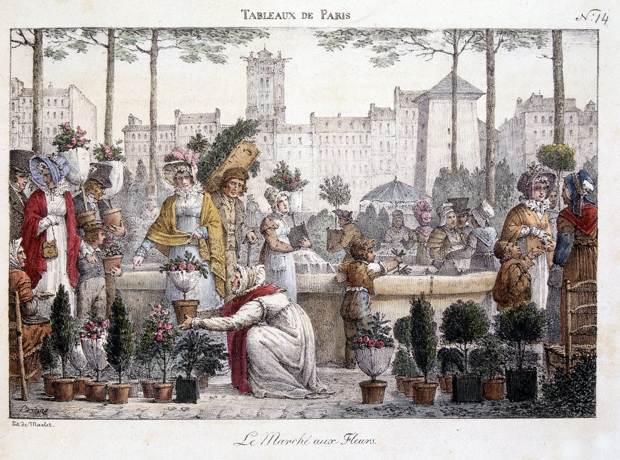 Der Blumenmarkt - Lithographie von Brocas von Jean Henri Marlet