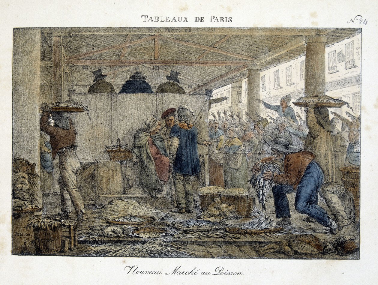 Der neue Fischmarkt von Paris - Lithographie von Brocas von Jean Henri Marlet