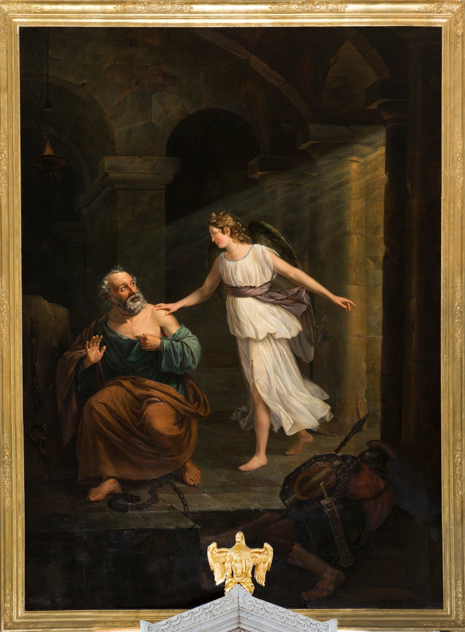 Pfarrkirche (Nederbrakel, Parochiekerk Sint-Pieter-in-de-Banden). Innenraum. Gemälde. "Der heilige Petrus von dem Engel befreit und Thomas". Jean-Henri De Coene. Ca 1835 von Jean Henri de Coene