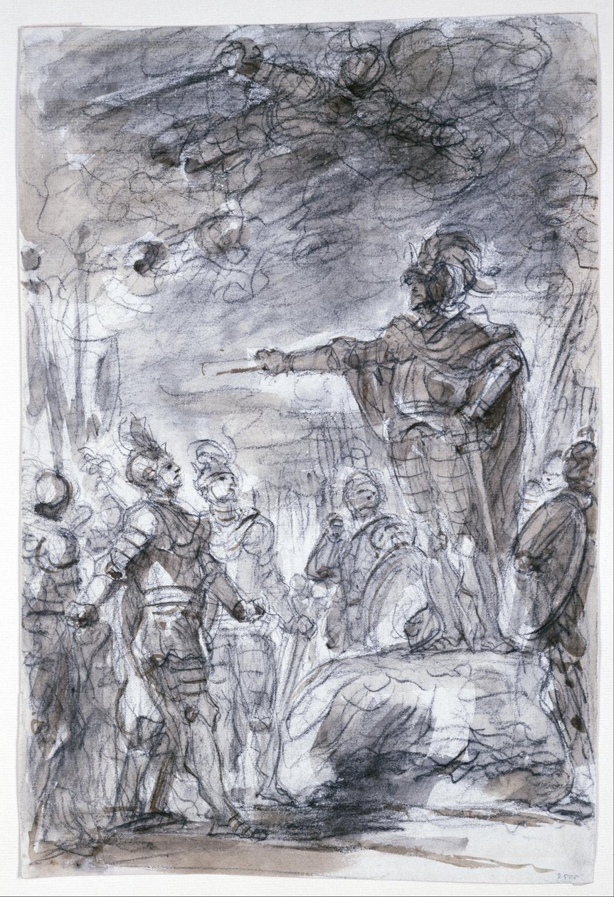 Szene aus Ariostos "Orlando Furioso": Rodomonte und Mandricardo tragen ihren Fall vor Agramante vor von Jean Honore Fragonard
