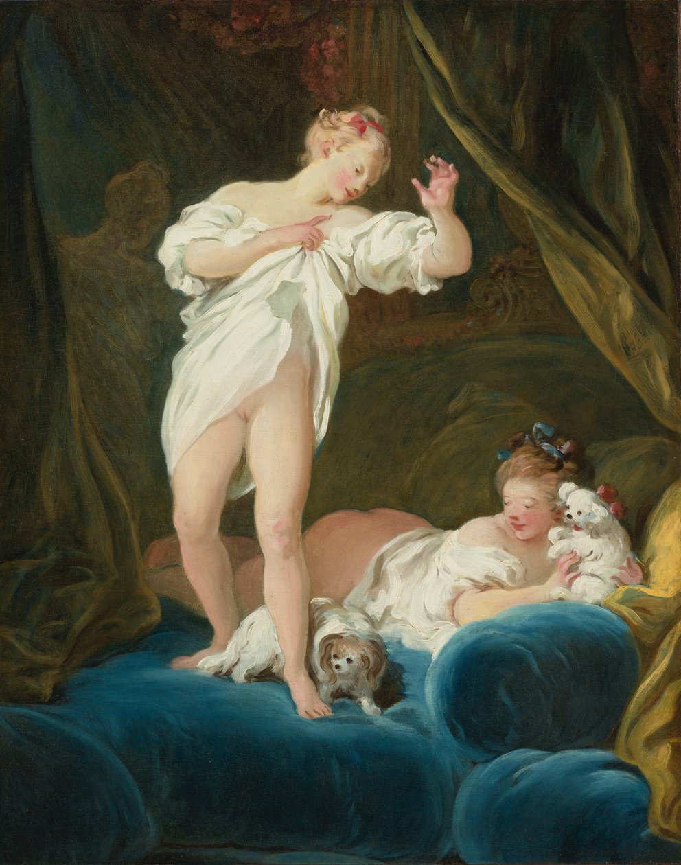 Zwei Mädchen auf einem Bett spielen mit ihren Hunden von Jean Honore Fragonard