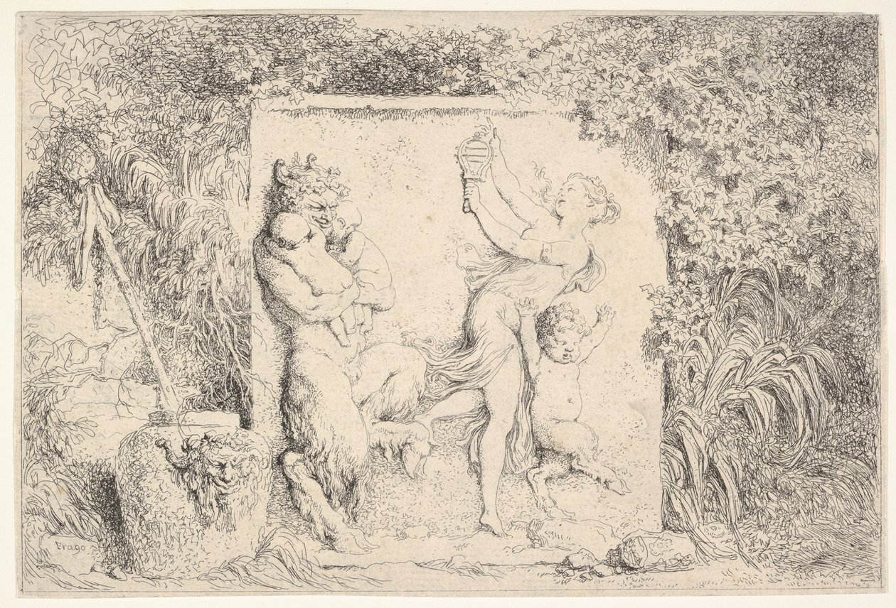 Ein Basrelief, das einen Satyr links zeigt, der zwei Säuglinge hält, ein weiteres Kind Satyr rechts..., 1763 von Jean Honore Fragonard