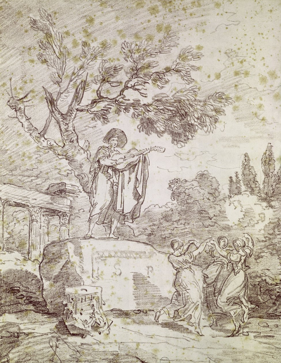 Ein italienischer Gitarrist spielt für drei tanzende Mädchen von Jean Honore Fragonard