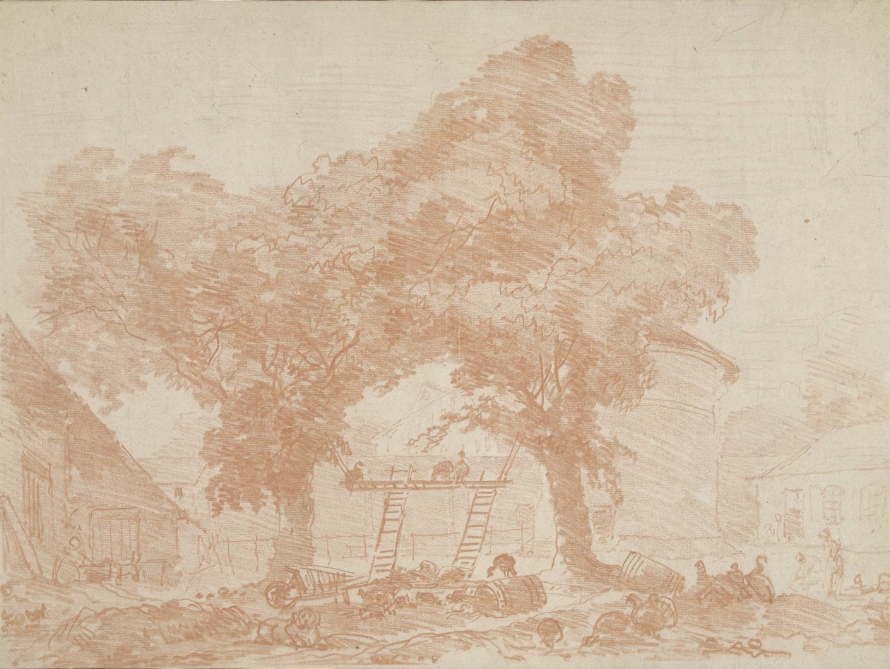 Bauernhof mit zwei Bäumen, zwischen denen Leitern stehen von Jean Honore Fragonard