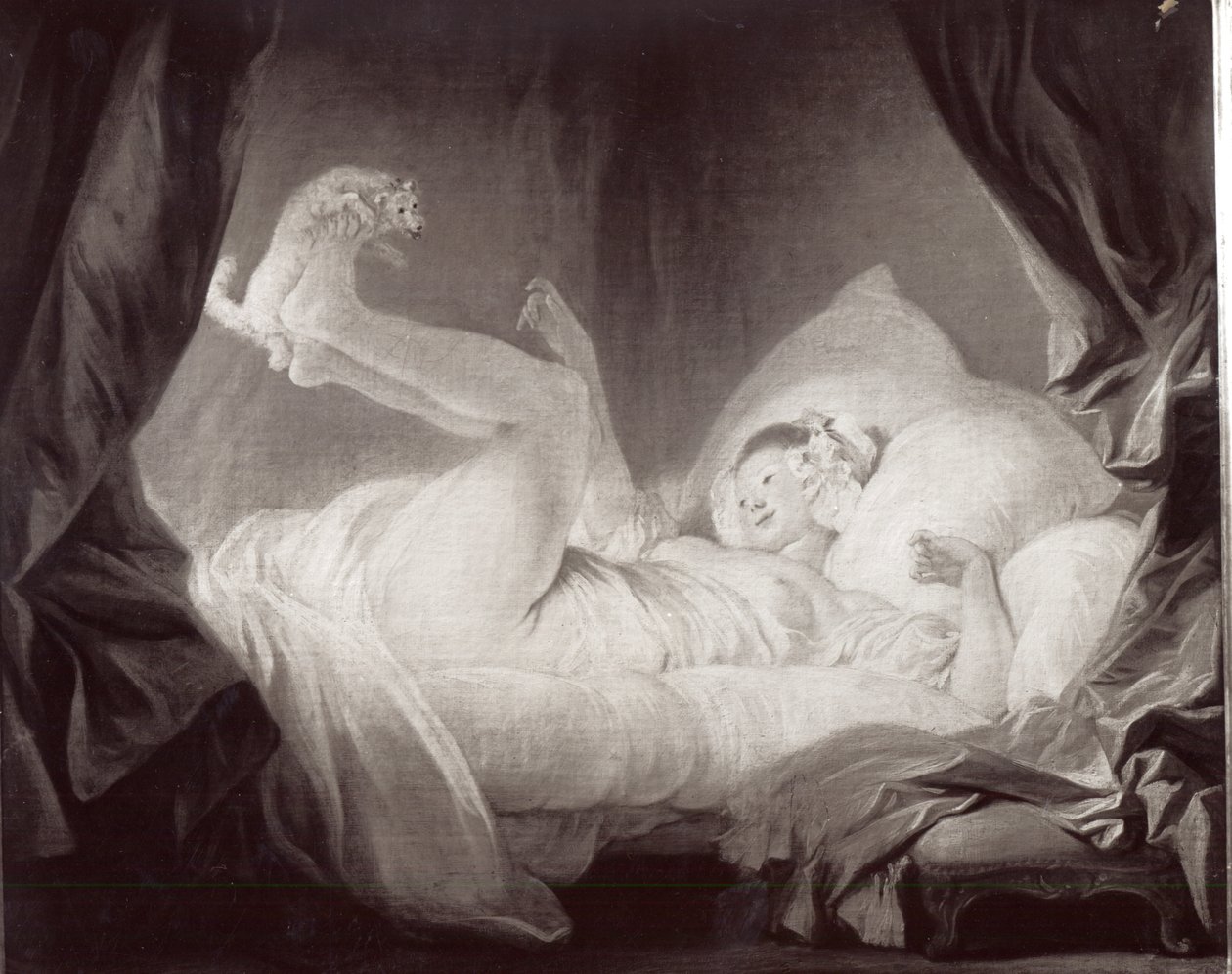 La Gimblette oder Junges Mädchen, das ihren Hund auf ihrem Bett tanzen lässt von Jean Honore Fragonard