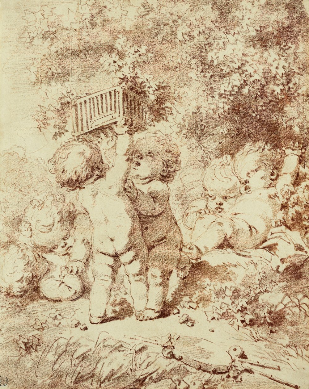 Sechs Putti beim Spielen, zwei halten einen Käfig hoch von Jean Honore Fragonard