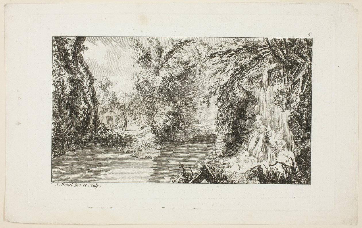 Landschaft mit einem Spaziergänger und einem Wasserfall, Platte 5 aus der zweiten Suite Livre de paysages (Buch der Landschaften) von Jean Hoüel