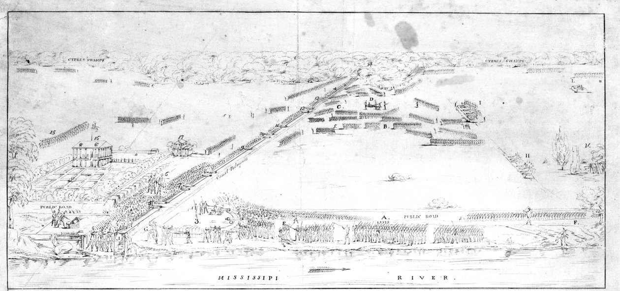 Ansicht der Schlacht bei Chalmettes Plantage, 8. Januar 1815 von Jean Hyacinthe Laclotte