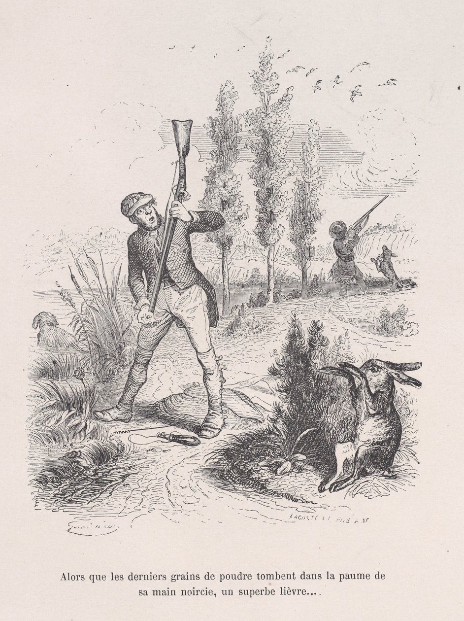 Als die letzten Körner Pulver in die Hand seiner geschwärzten Hand fallen, ein prächtiger Hase... von Jean Ignace Isidore Gérard