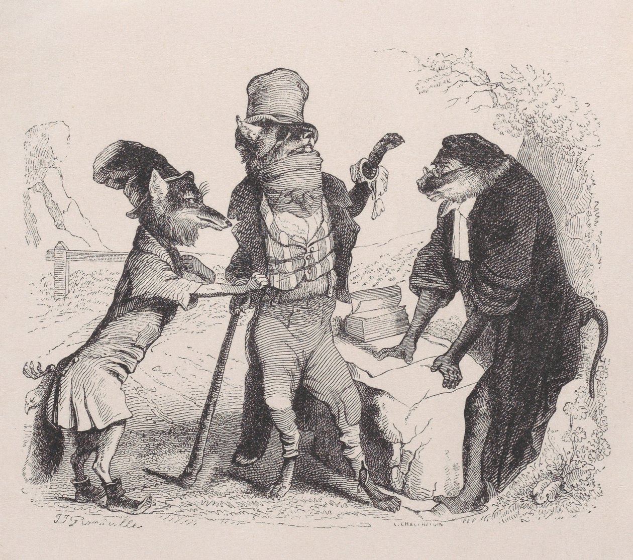 Der Wolf plädiert gegen den Fuchs vor dem Affen von Jean Ignace Isidore Gérard