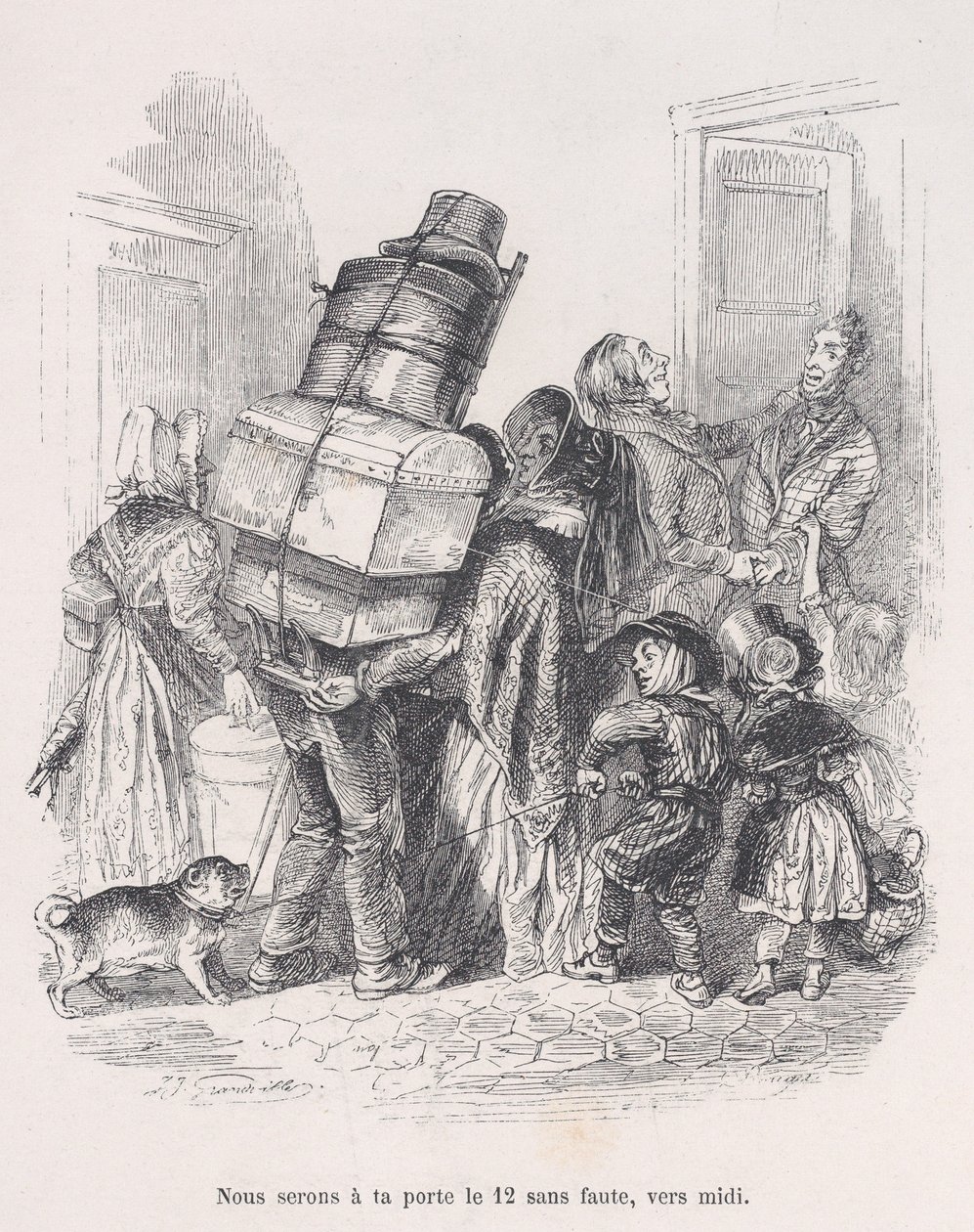 Wir werden pünktlich um Mittag an Ihrer Tür sein. aus Die kleinen Elendigkeiten des menschlichen Lebens, 1843 von Jean Ignace Isidore Gérard