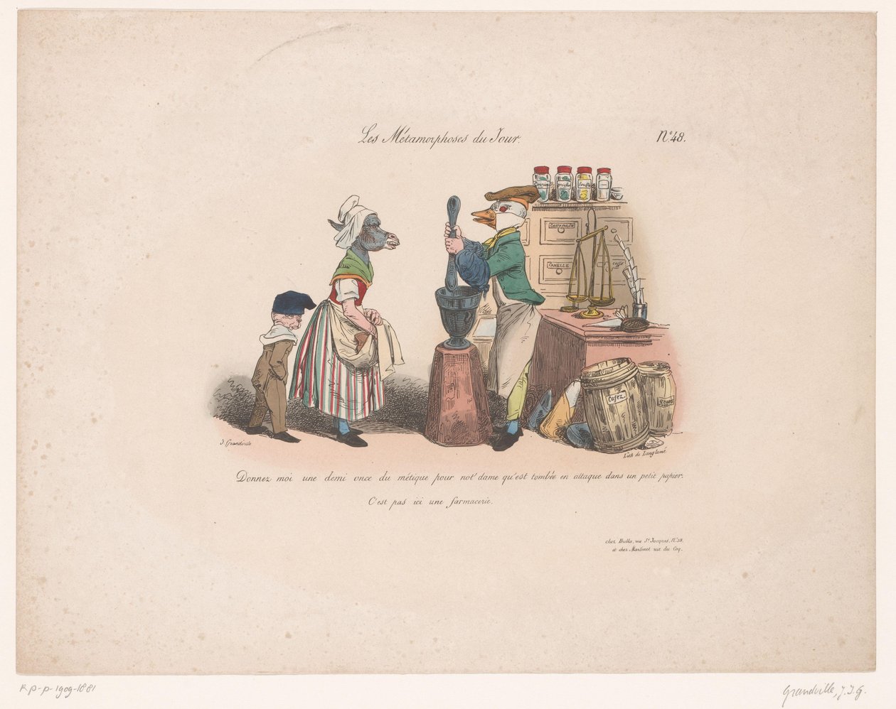 Eselin bestellt bei Ente im Krämerladen von Jean Ignace Isidore Gérard Grandville