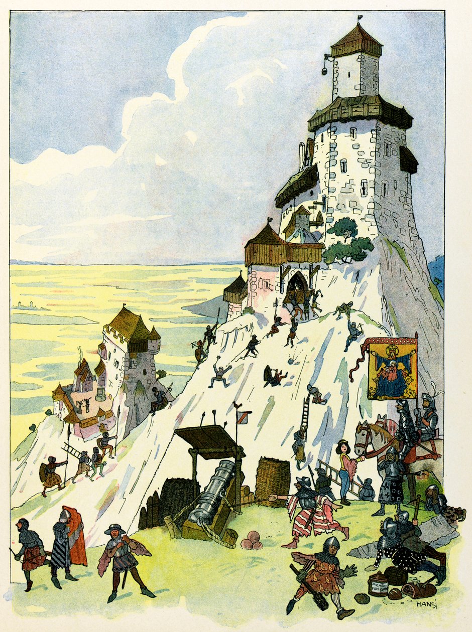 Die Geschichte des Elsass erzählt den Kindern von Onkel Hansi von Jean Jacques Waltz dit Hansi (1873-1951), private Sammlung: Belagerung der Burg Ortenberg 1293; Achtung! Die Nutzung dieses Werkes kann einer Genehmigung Dritter oder zusätzlichen Gebühren u von Jean Jacques (1873 1951) Waltz