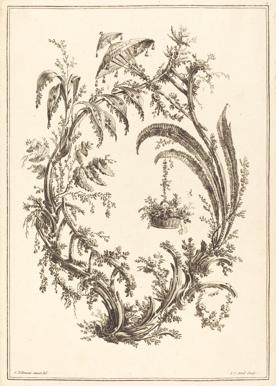 Ornament mit Sonnenschirm und Hängekorb von Jean Jacques Avril I after Jean Baptiste Pillement