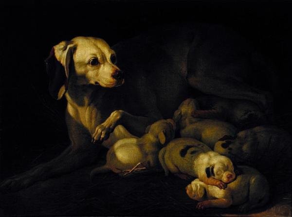 Die Hündin säugt ihre Welpen, Detail nach einem Original von Jean-Baptiste Oudry von Jean Jacques Bachelier