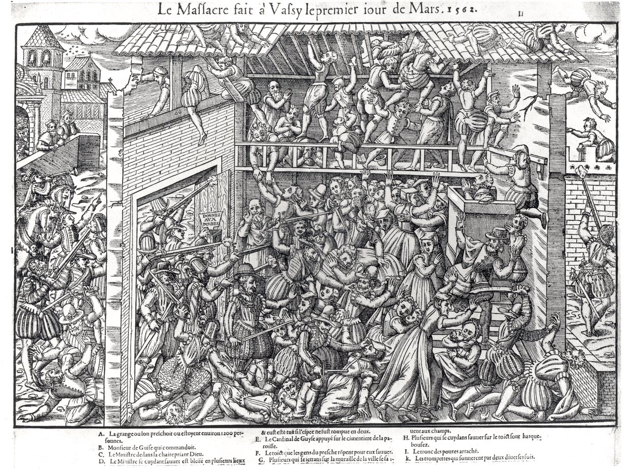 Das Massaker an der protestantischen Bevölkerung durch die Truppen des Herzogs von Guise in Wassy-sur-Blaise, 1. März 1562, graviert von Jacques Tortorel (1568-92) von Jean Jacques Perrissin