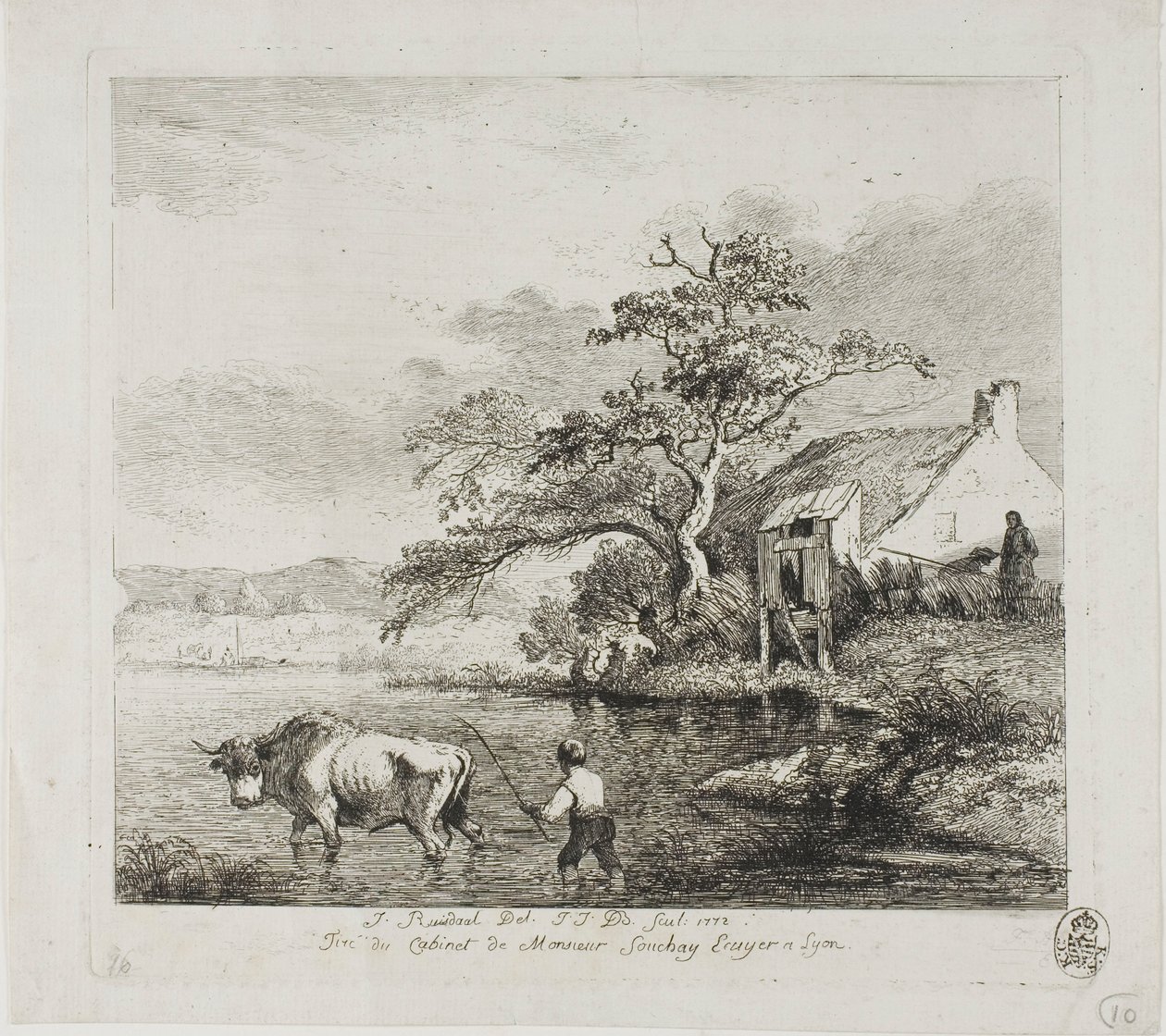 Ein Hirte und ein Stier überqueren einen Fluss von Jean Jacques de Boissieu
