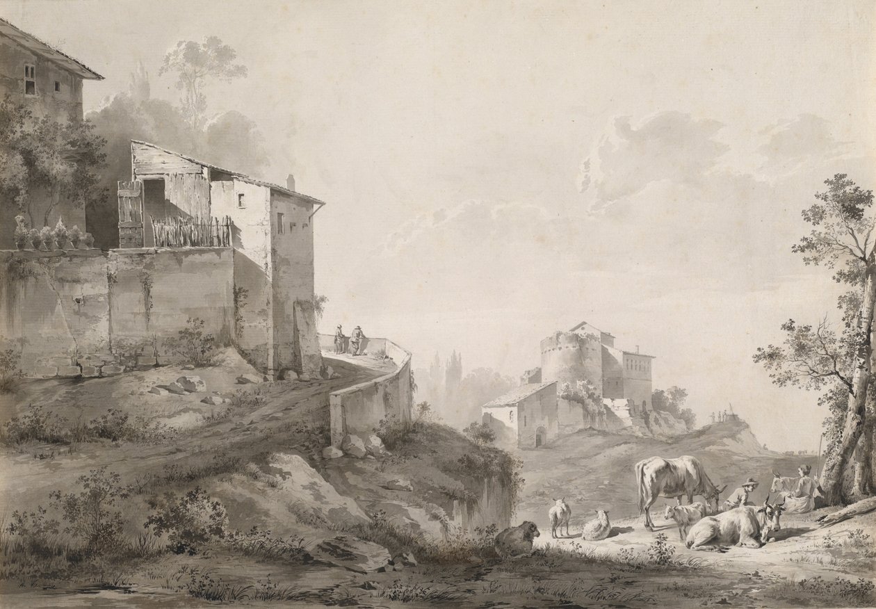 Eine sonnenbeschienene Landschaft mit Häusern auf dem Hügel von Jean Jacques de Boissieu