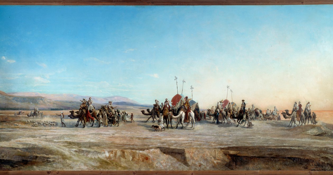 Auf der Suche nach einem Lager. Nomadenkarawanen und Kamele in der Wüste von Jean Joseph Bellel