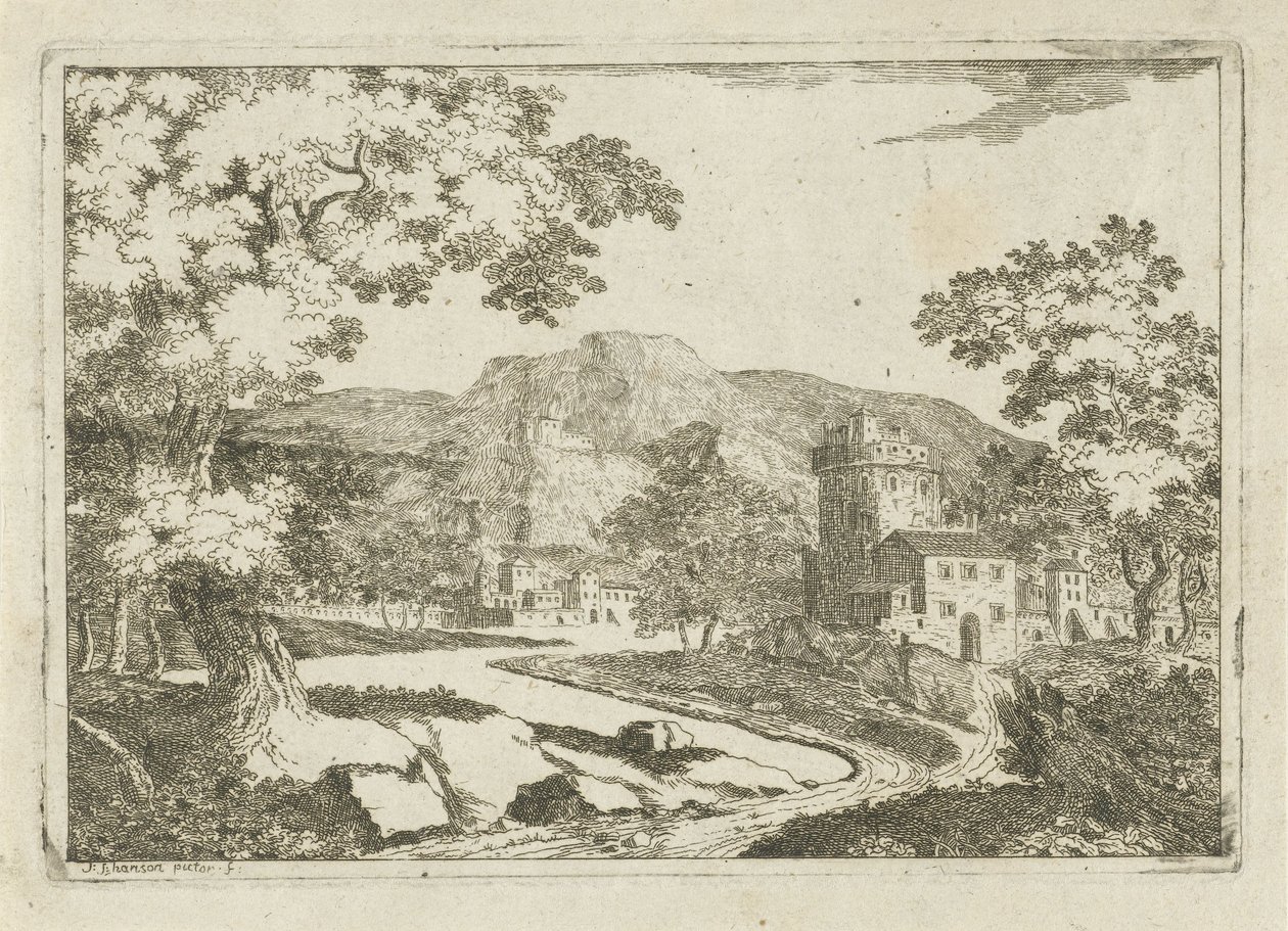 Flusslandschaft mit Häusern und Türmen von Jean Joseph Hanson