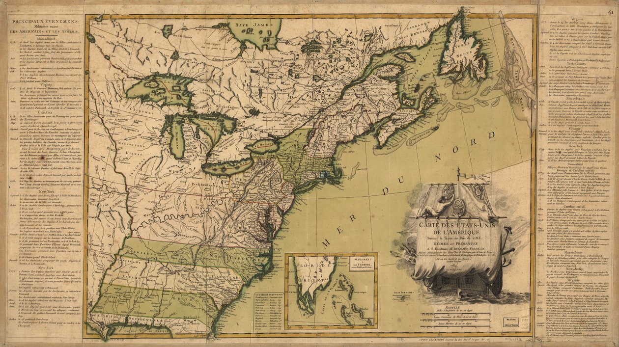 Karte der Vereinigten Staaten von Amerika gemäß dem Friedensvertrag von 1783 von Jean Lattré