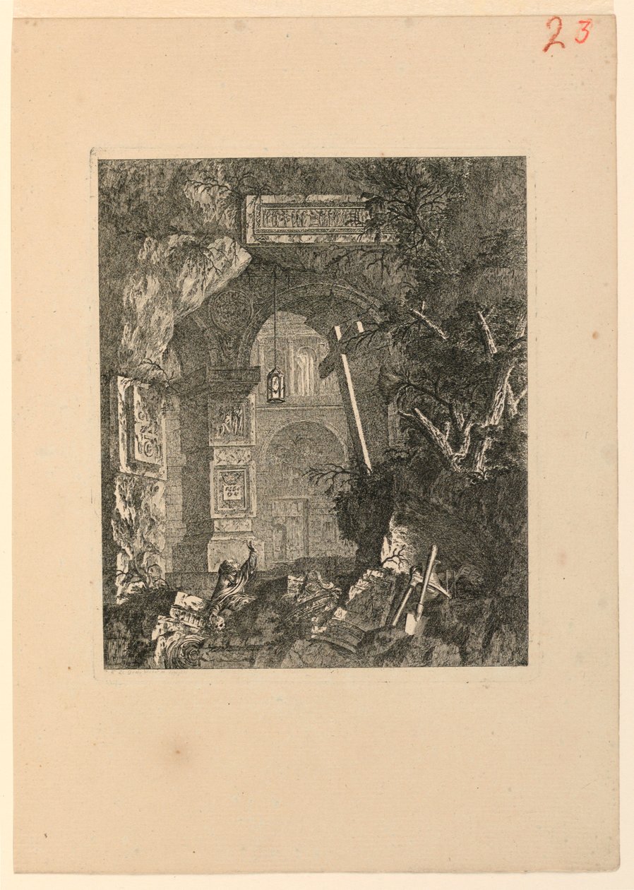 Saint-François (?) in einer Ruinenlandschaft von Jean Laurent Legeay