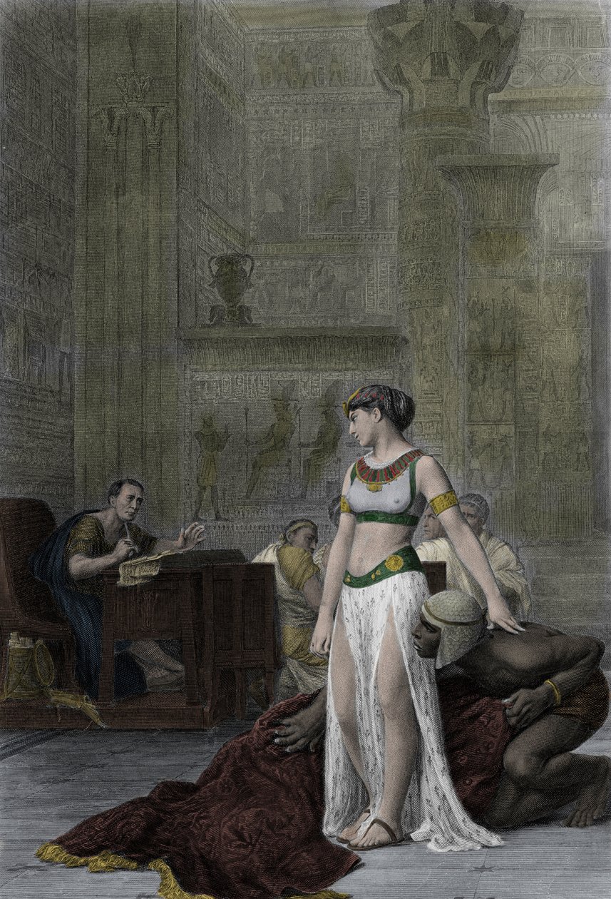 Die Königin von Ägypten Kleopatra VII. Thea Philopator (69-30 v. Chr.) und Julius Caesar (100-44 v. Chr.) - Kleopatra vor Julius Caesar in Shakespeares Stück, Antonius und Kleopatra, nach dem Gemälde von Jean Léon Gérôme von Jean Leon (after) Gerome